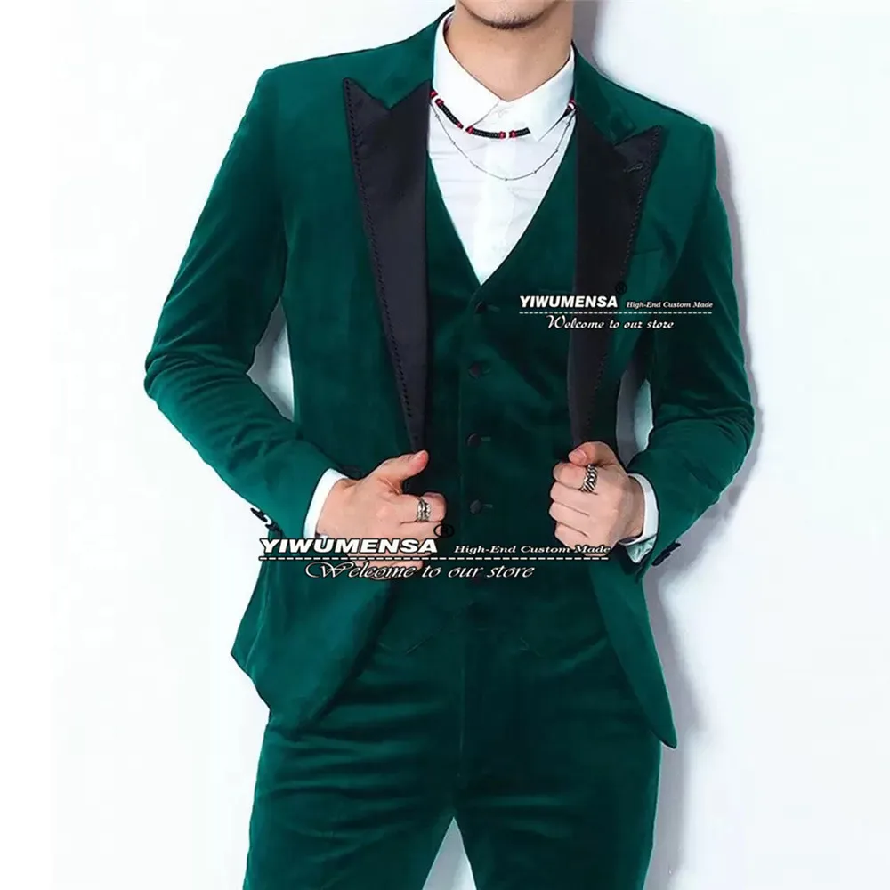 Мужской бархатный костюм из трех предметов Зеленый Официальный деловой пиджак с