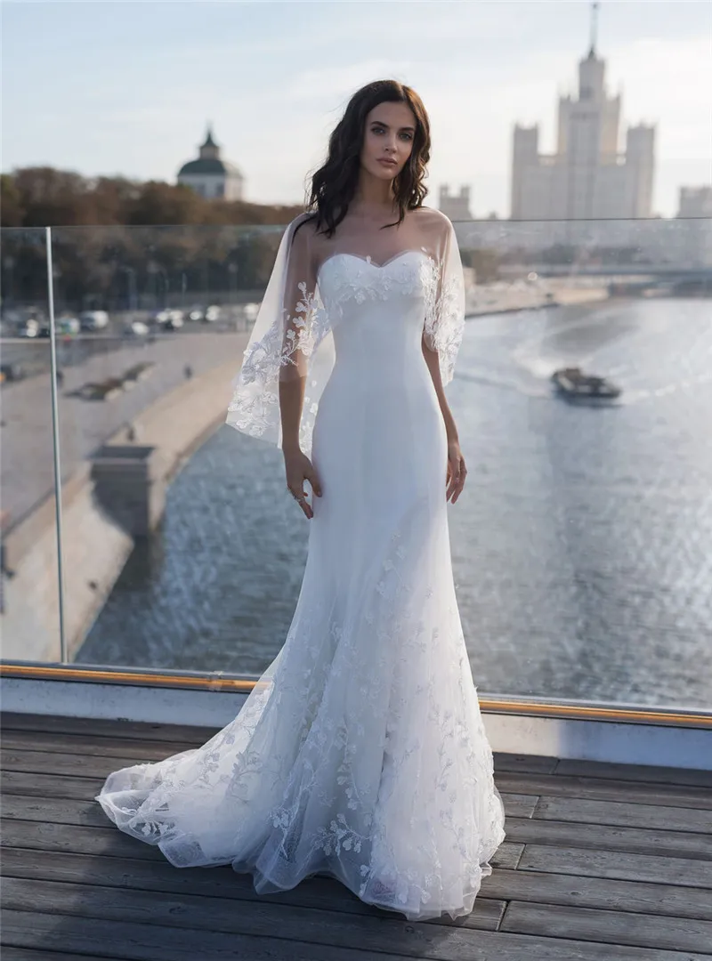 Женское облегающее свадебное платье с юбкой-годе кружевное невесты со съемным