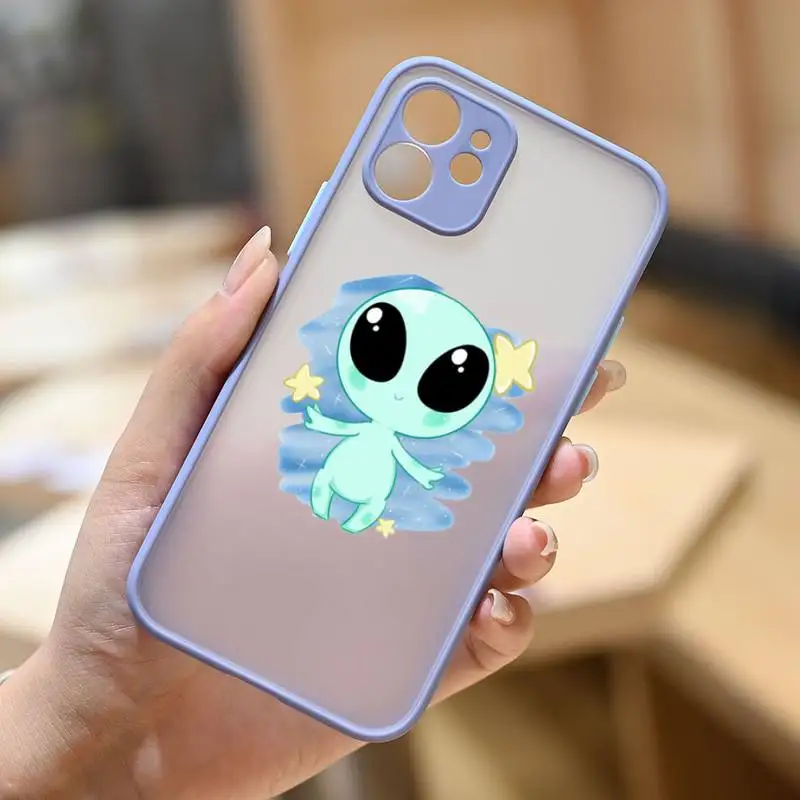 

Aesthetics Cute Cartoon Alien Phone Case Dark Blue Transparent Matte For IPhone7 8 11 12 S Mini Pro X XS XR MAX Plus Cover Shell