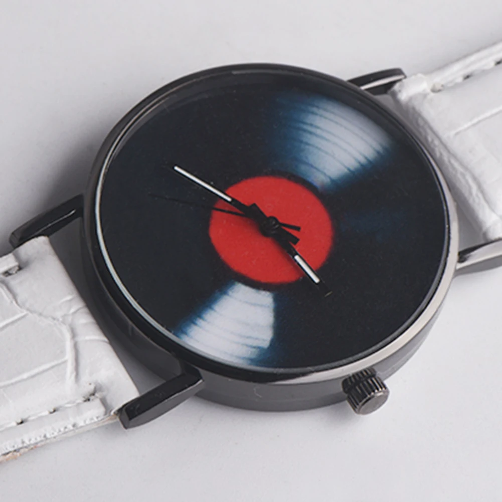 

Women Men Simple Style Retro Red Circle Dial Watch Men Casual Vinyl Record Dial Leather Analog Quartz Wrist Watch Gift Clock