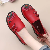 2021 spring red leather shoes womens loafers chinese style flower printed flat shoes black ladies loafers womens shoes flats
