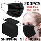 Бесплатная доставка, черная 3-слойная маска, 200 шт. маски со спущенной тканью для лица, одноразовые противопылевые маски, маски с петлями для ушей, аксессуары!