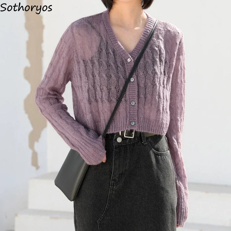 

Cardigan Women Loose-fit Elegant V-neck Hollow Out Soft Cropped Sweaters Single Breasted Knitted Outwear Ulzzang Mujer Hot Sale