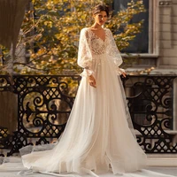 vestido de noiva 2021 fairy vintage wedding dresses lace long sleeve bride dress champagne wedding gowns dots tulle boho