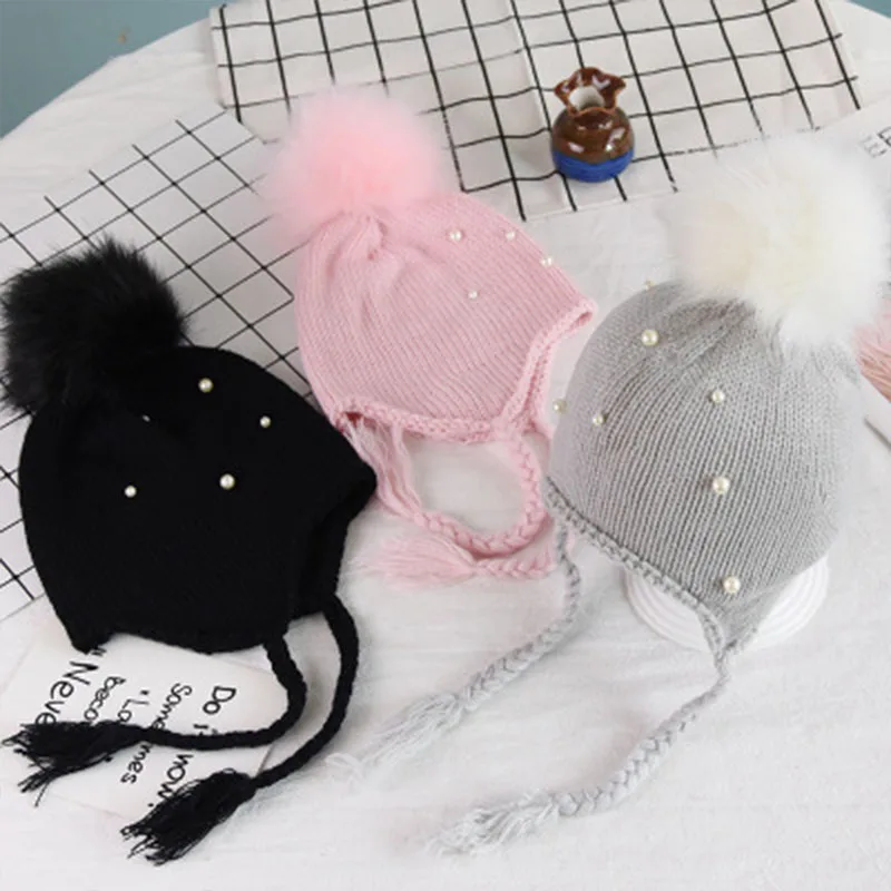 Pearl Pom Fur Ball Baby Winter Hats For Girls Kids Hat Ear Warm Lace-Up Cap Casquette Enfant Girl Newborn Bonnet | Детская одежда и