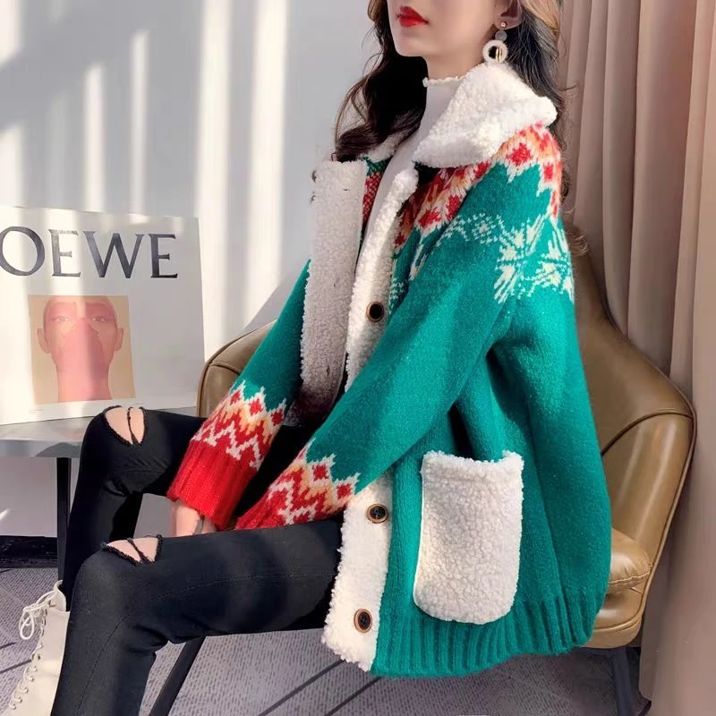 

Christmas Sweater Cardigan Women Thickened Winter Loose Knitted Coat Pull Femme Jumper Sueter Mujer Truien Dames Turtleneck