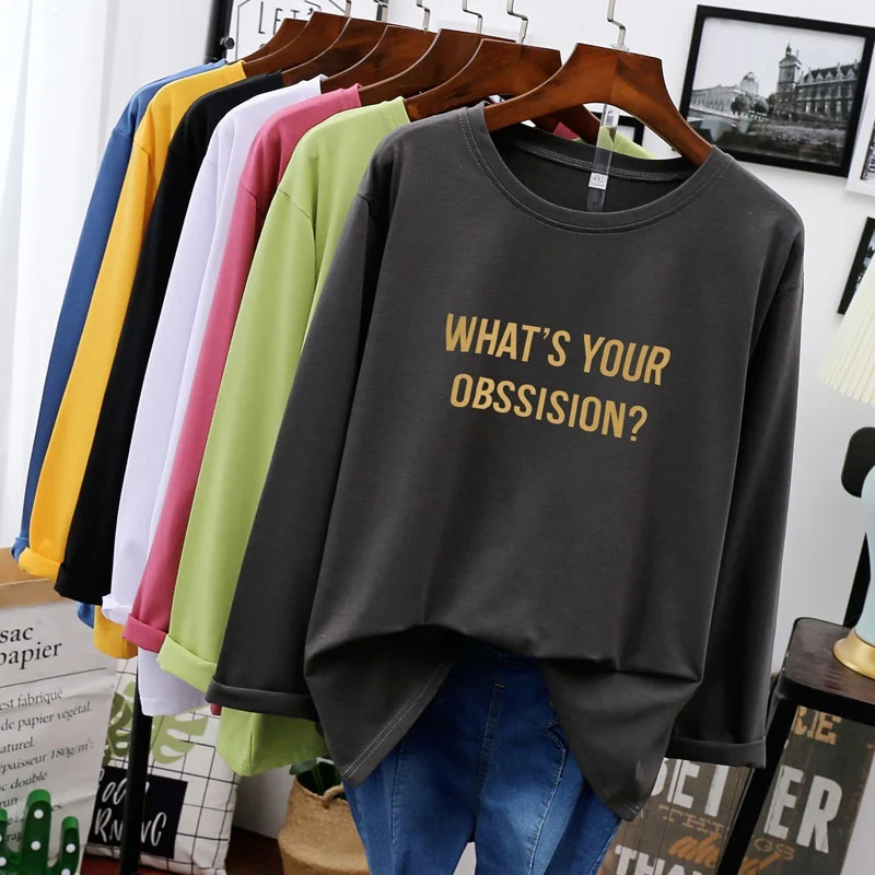 

high quality letter tshirt women long sleeve autumn underwear blue tees Female big size 8XL 10XL cotton home loose oversize tops