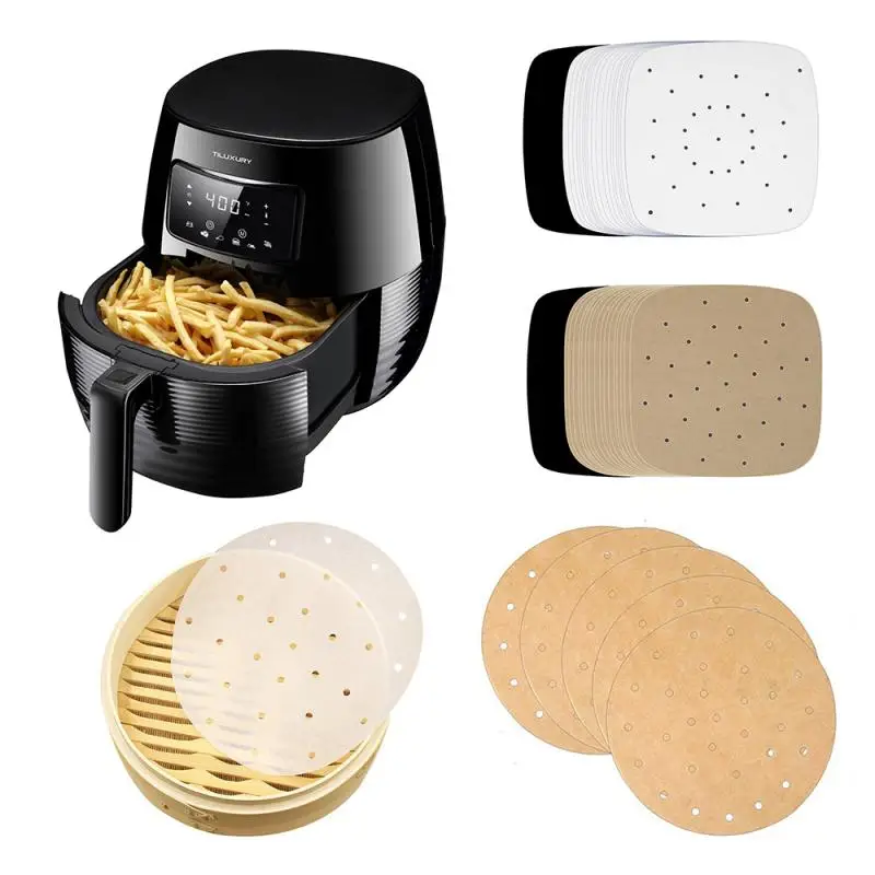 

100Pc/Bag Air Fryer Steamer Liners Premium Perforated Wood Pulp Papers Non-Stick Steaming Basket Mat Baking Cooking Kitchen Tool