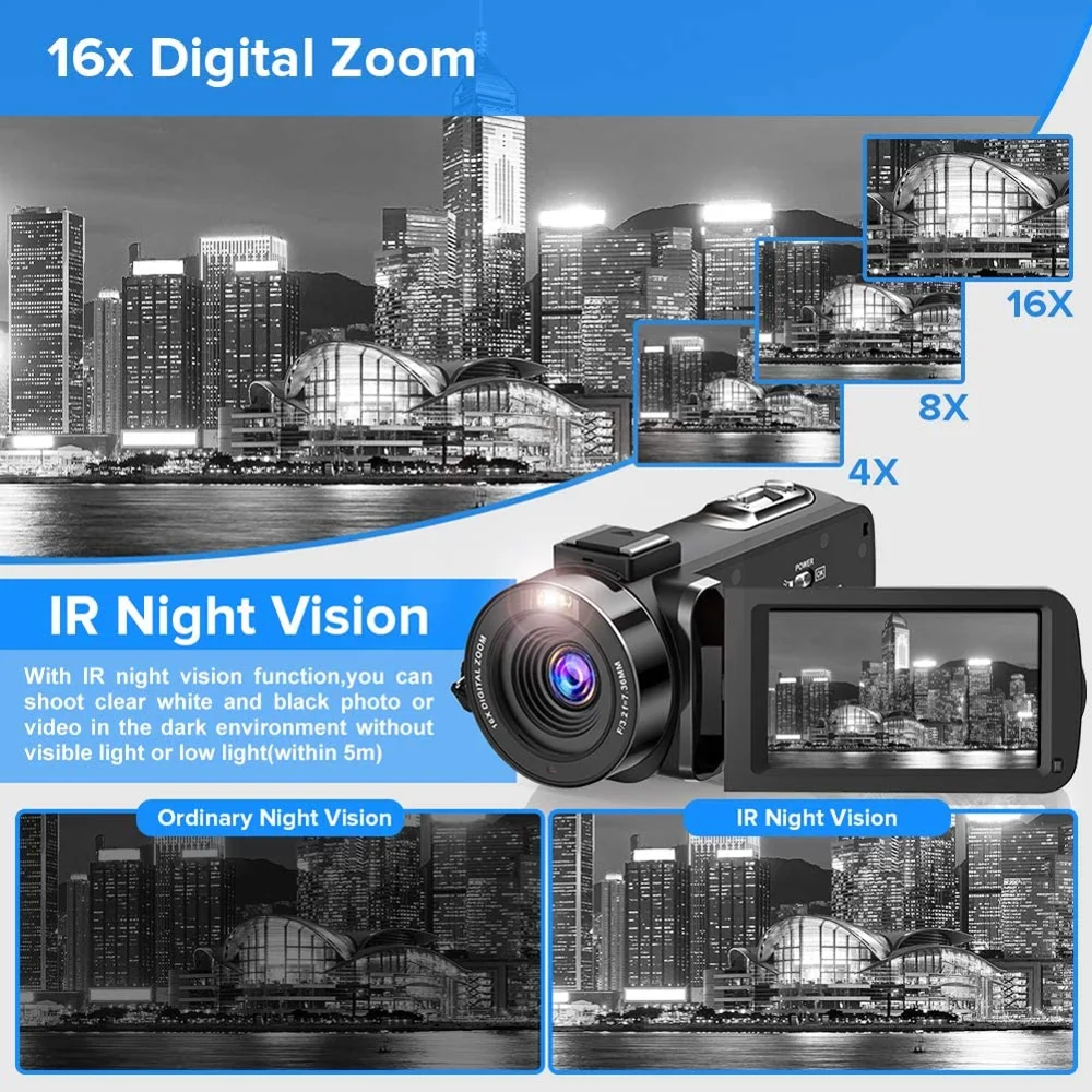 Видеокамера KOMERY для Youbute 16X 4K Wi-Fi 48 МП с поворотом на 270 градусов функцией ночного