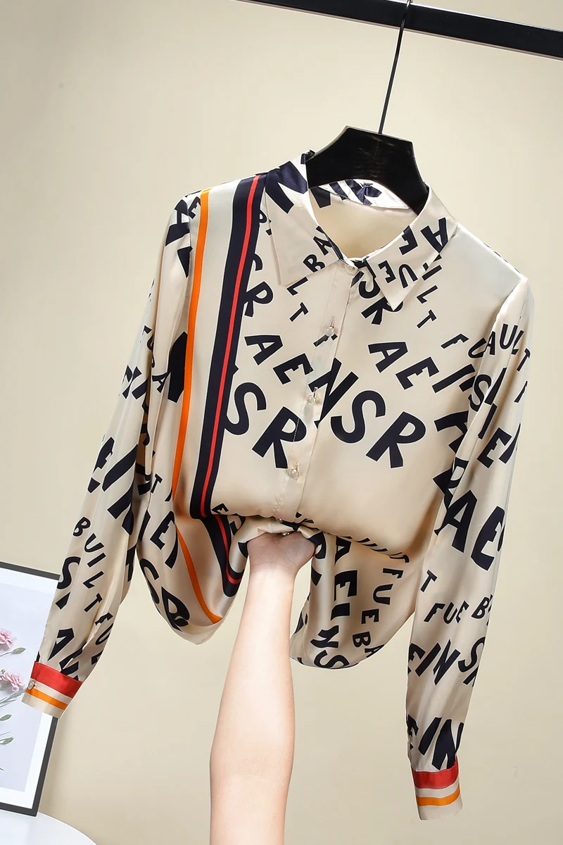 

Fashion Letter Printing Patchwork Chiffon Blouse Women's 2021 New Long Sleeve Temperament Polo Collar Shirt Office Tops Clothes