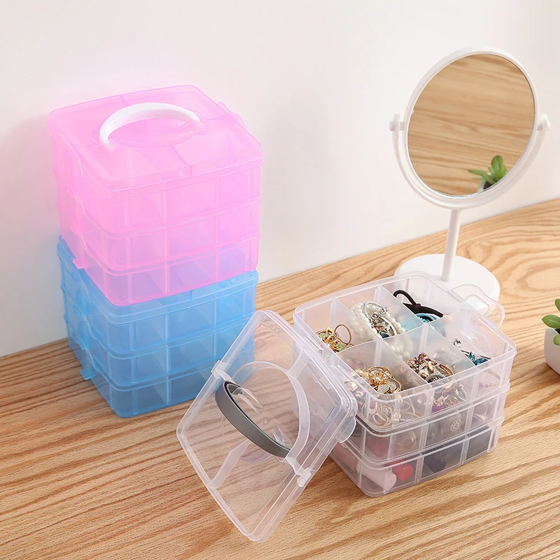 Compartment Handle Box For Makeup Cosmetic Rings Jewelry Organizer Removable Plastic Storage 15*15*12.5cm Pink Blue White | Дом и сад