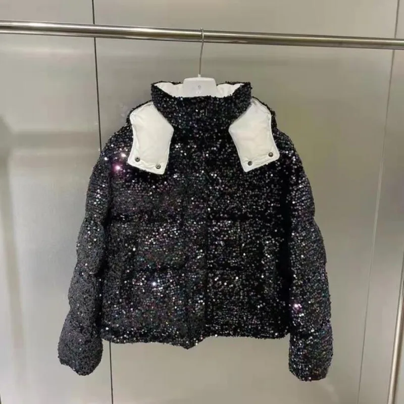 

Heavy Work Sequins Thick Warm Hooded White Goose Down Jacket Women New Winter Fashion Short Design Puffy Feather Coat s1841