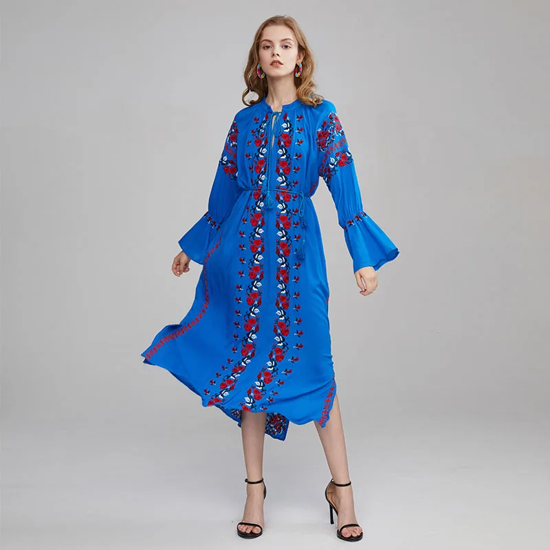 Женское длинное пляжное платье HAMALIEL синее макси с расклешенным рукавом и