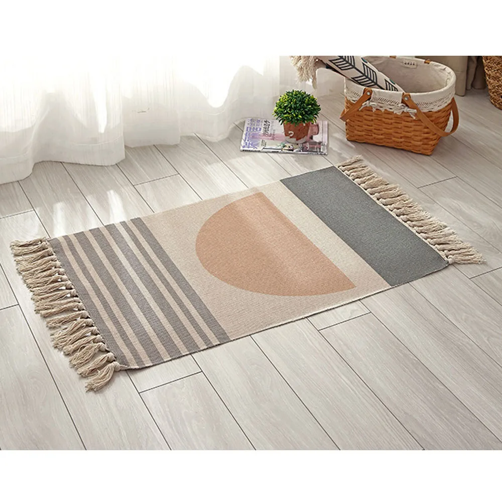 Хлопковый и льняной тканый ковер с кисточками напольный коврик дверной гобелен