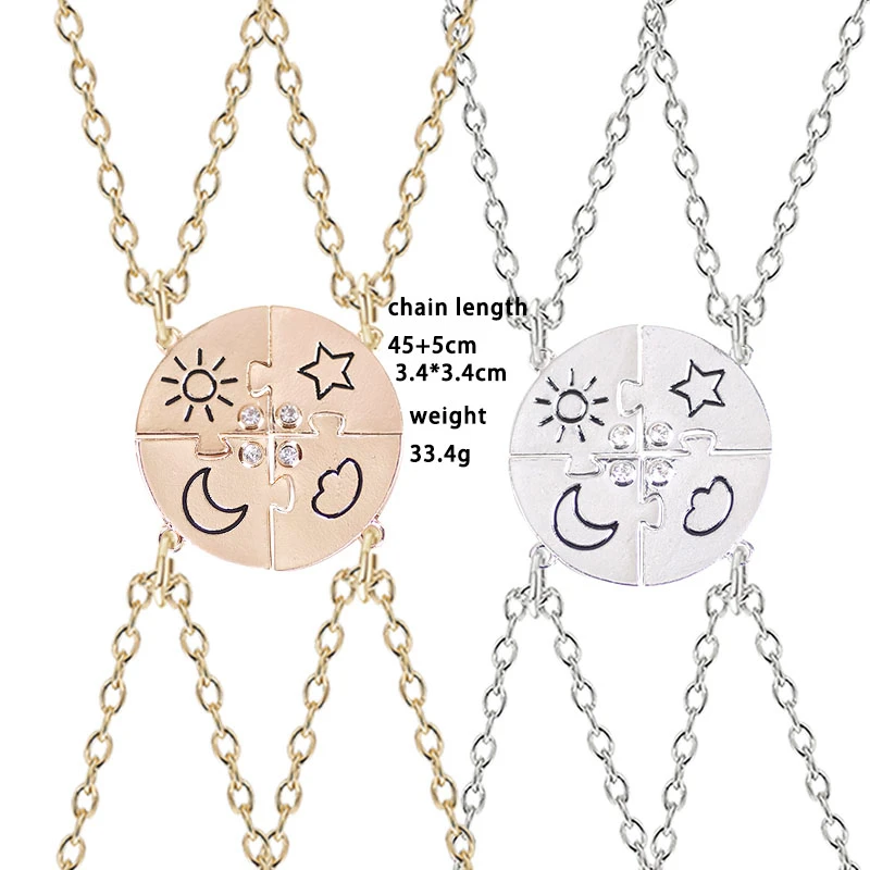 

4-piece Set Fashion BFF Necklace Best Friend Friendship Jewelry Gift Sun Moon Cloud And Star Inlaid Rhinestone Stitching Pendant