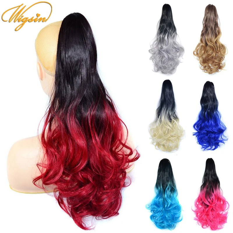 

WIGSIN 22Inch Synthetic Ombre Wave Curly Ponytail Extensions Claw Clip in Hair Black Red Blue Hairpiece for Women