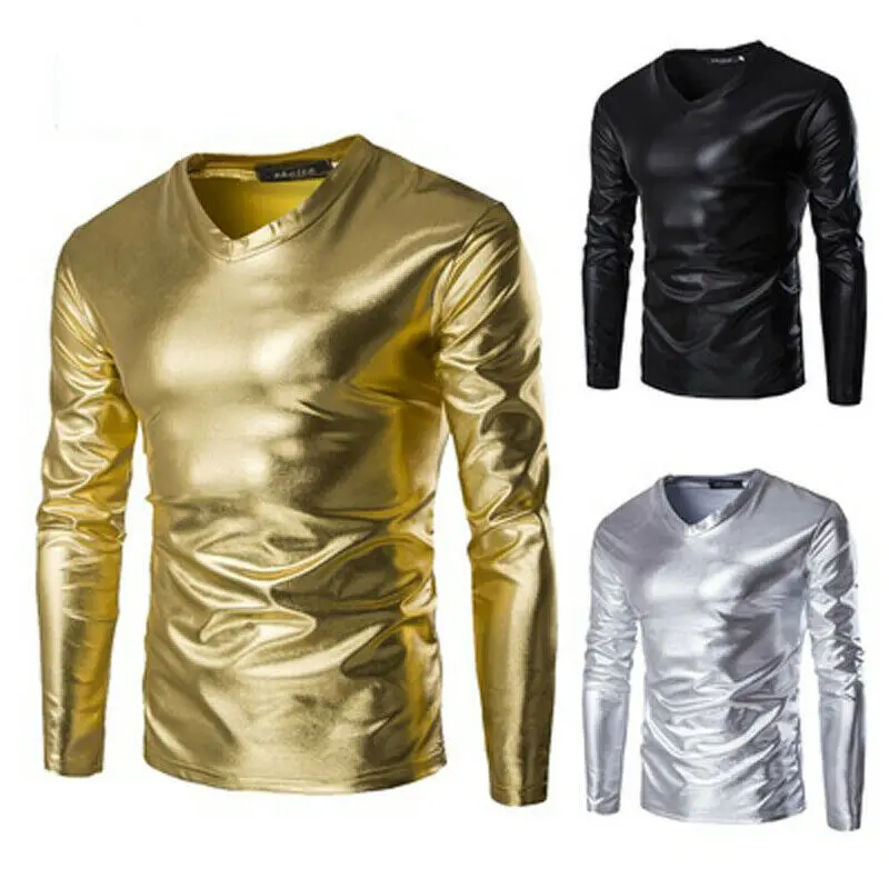 Мужская футболка из лакированной кожи золотого цвета на молнии с длинными