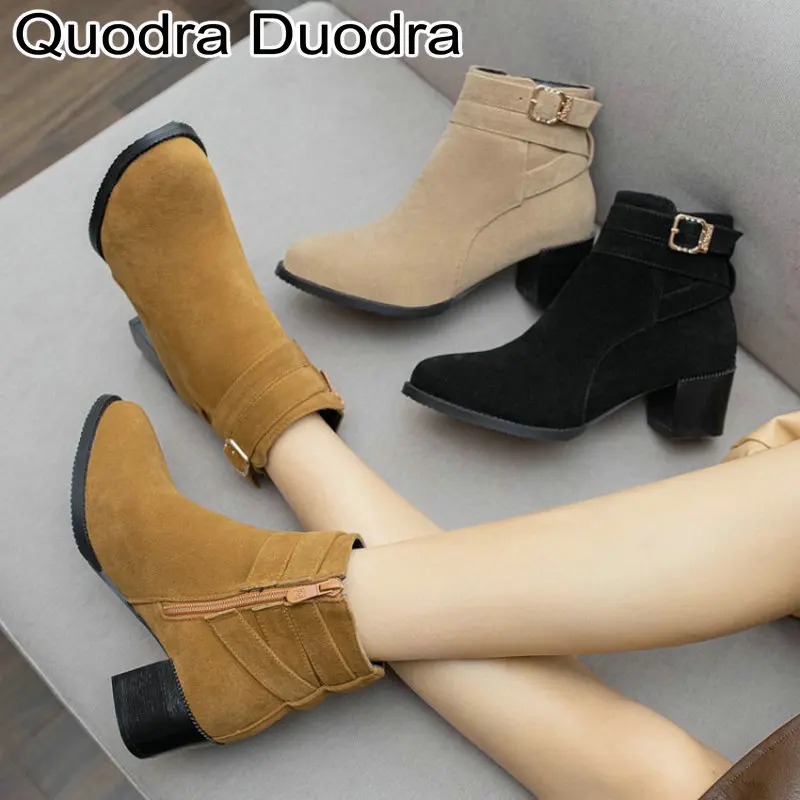 

Ankle boots new shoes Winter/Autumn Women Chelsea Boot Thick High Heels plush Pointed Toe female plus size 43 46 brown solid