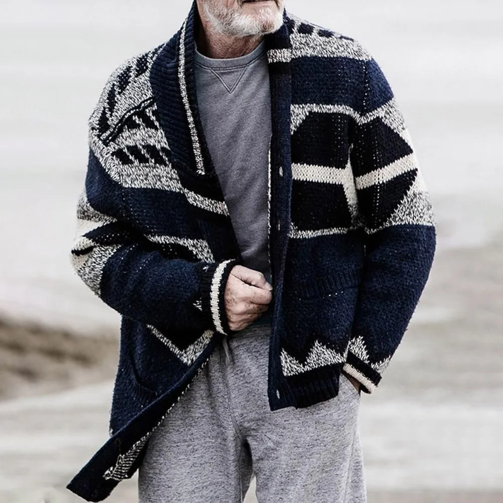 

Свитер в полоску с длинными рукавами и геометрическим узором; Осенне-зимний мужской кардиган; Повседневный Свободный Вязаный топ без засте...