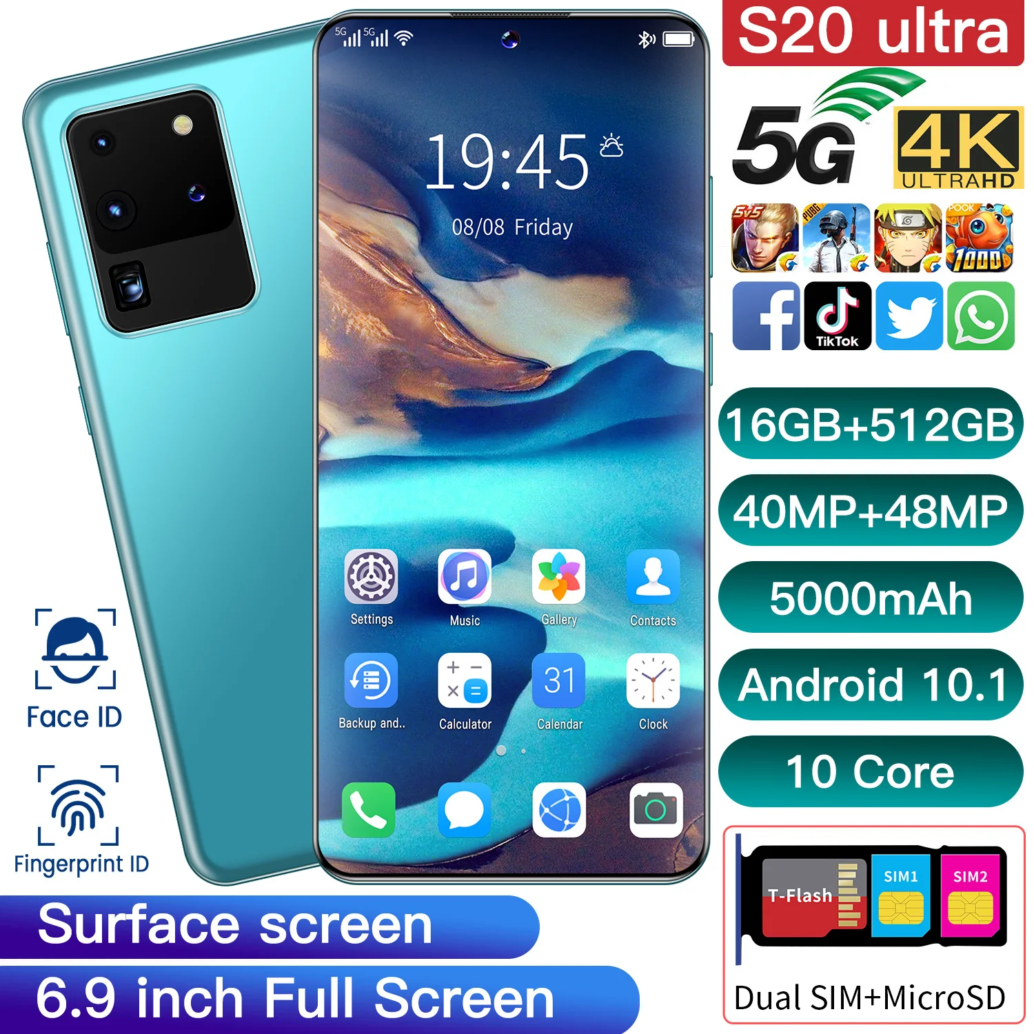 

Galxy S20 Ultra 10 Core 5G LTE Smartphone 3200*1400 Android 10.1 Cellphone 6.9 Inch Dual SIM 40+48MP Mobilephone 5000mAh Battery