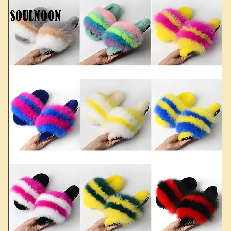 

Пушистые шлепанцы для женщин, повседневные уличные сандалии с заклепками, Лисий мех, роскошные дизайнерские дамские Тапочки