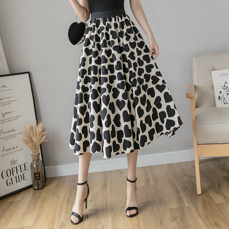 Корейская Милая длинная юбка миди с принтом сердца Женская мода 2020 летняя