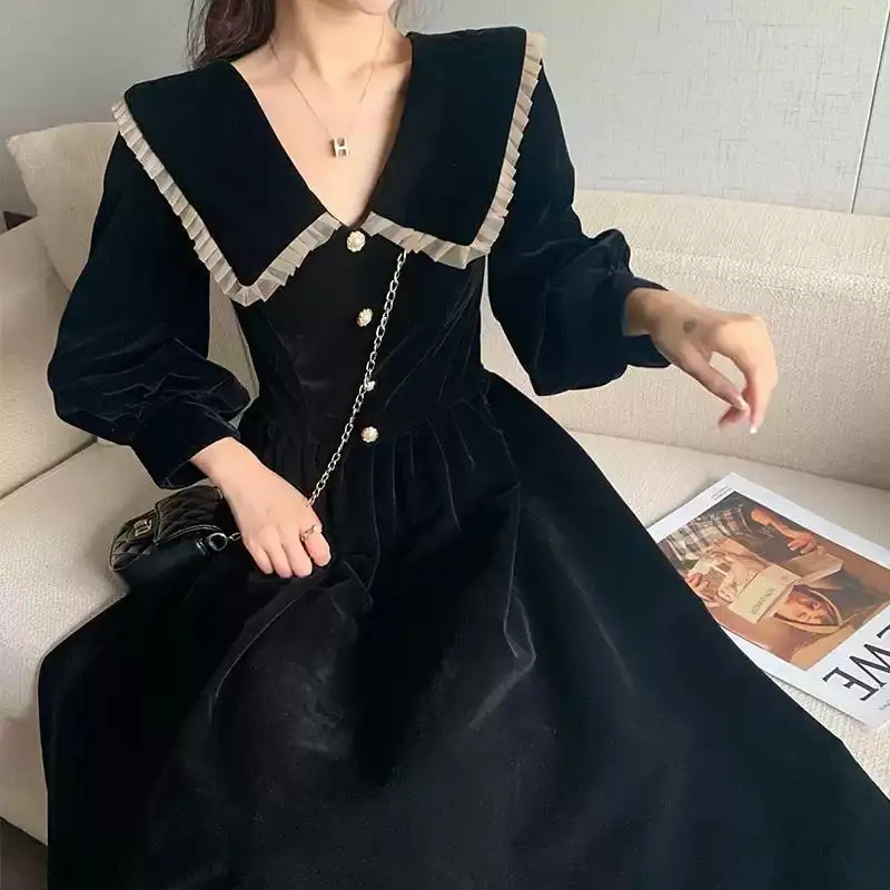 

STSVZORR French retro style formal dress gold velvet elegant black dress female autumn and winter women dress