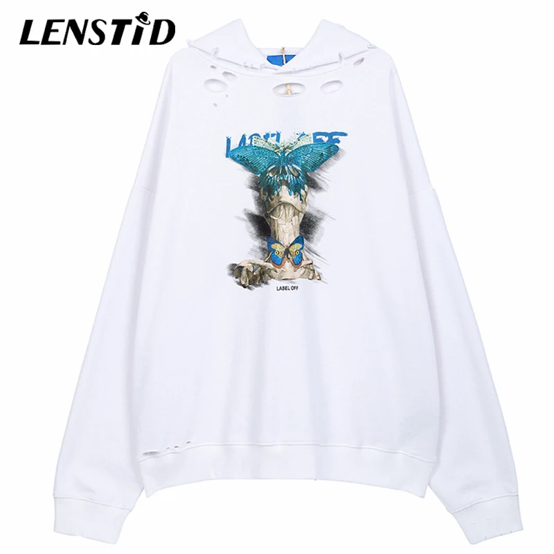 Мужская толстовка в стиле хип хоп LENSTID хлопковая с капюшоном и принтом бабочки