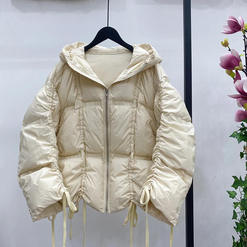 

Oloey 2020 Winter Short Ultra Light Hooded Down Jacket Women White Duck Warm Parka Loose Drawstring Coat