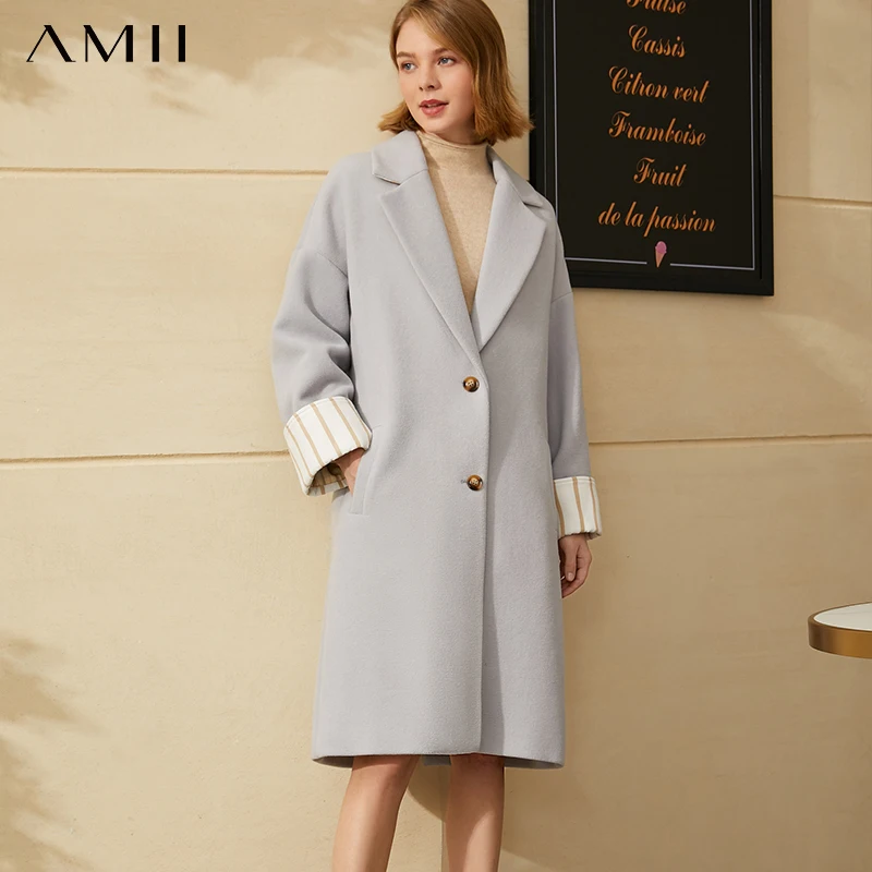 

Amii Minimalism Winter Woolen Coat Fashion Lapel Patchwork Single-breasted Woolen Coat Knee-length Causal Female Jacket 12041002