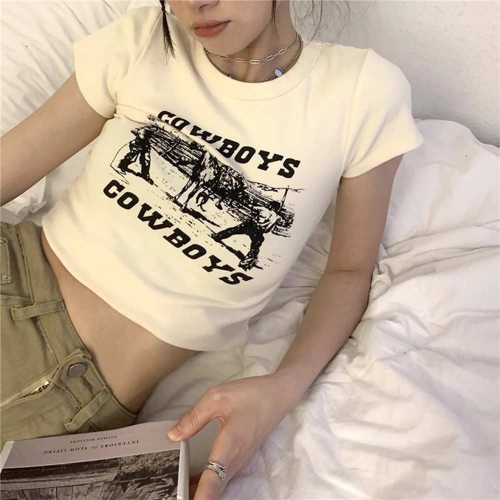 

Summer new slim short retro print design sense of fashion trendy short-sleeved casual all-match one-size T-shirt top