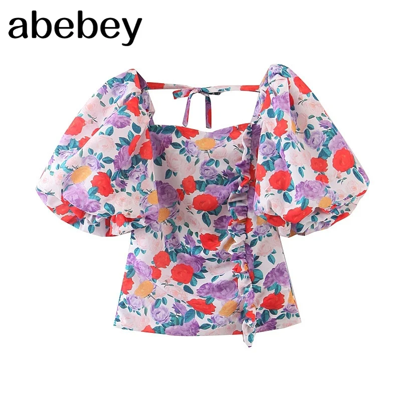 

New Fashion French Style Floral Print Tops Women Sweet Chic puff Sleeve Ruffles Backless Holiday Blouses Female
