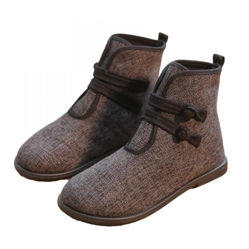 

Johnature Winter Shoes Women Boots Buckle Strap 2021 New Cotton Linen Retro Handmade Concise Leisure Sewing Ankle Platform Boots