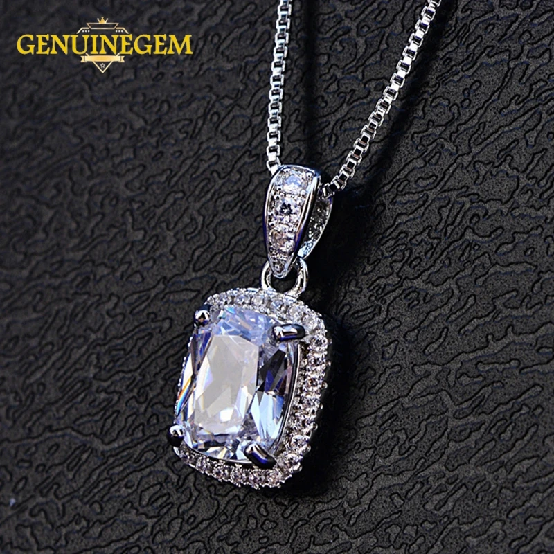 GENUINEGEM New Classic Created Moissanite 925 Sterling Silver Pendant Necklaces For Women Wedding Brand Fine Jewelry Gifts