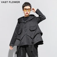 black patchwork asymmetrical plus size jacket women fashion hooded long sleeve drawstring loose coat clothes spring autumn 2020