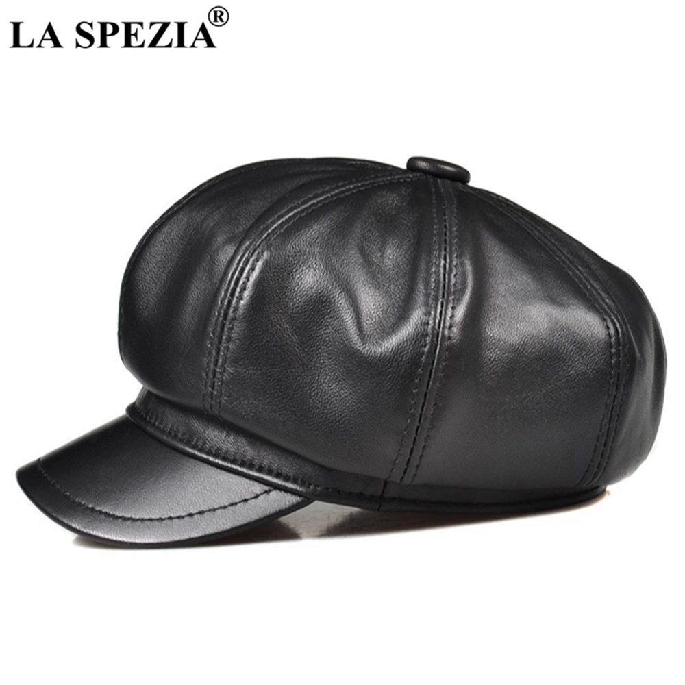 

LA SPEZIA Genuine Leather Men Women Newsboy Cap Sheepskin Mens Beret Vintage High Quality Male Female Black Octagonal Cap