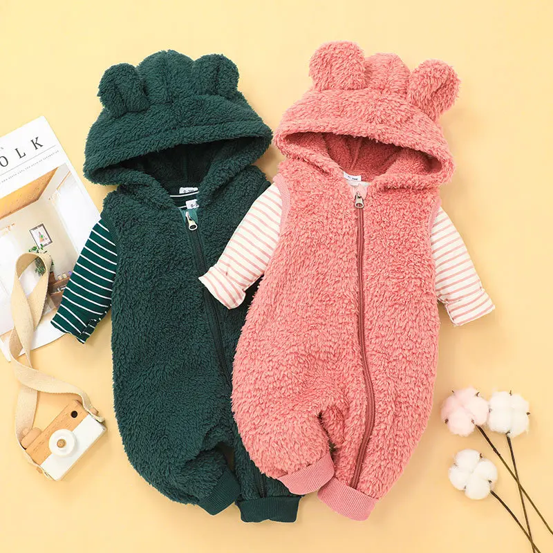 2022 Newborn Baby Clothing Baby Girl Suit Winter Thermal Fleece Jumpsuit Suit + Long Sleeve Striped T-Shirt Boys Clothing Suit