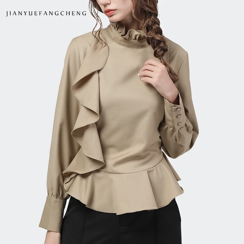 

Ruffles Irregular Women White Blouse Long Sleeve 2021 Spring New Elegant Fashion Slim Stand Collar Skirted Office Ladies Tops