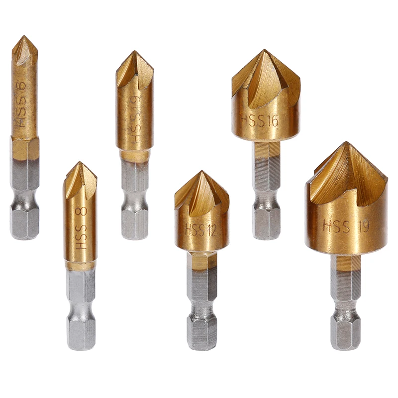 

6 Pcs Countersink Drill Bit Set 1/4'' Hex Shank HSS 5 Flute Countersink 90 Degree Wood Chamfering Cutter Chamfer 6mm-19mm