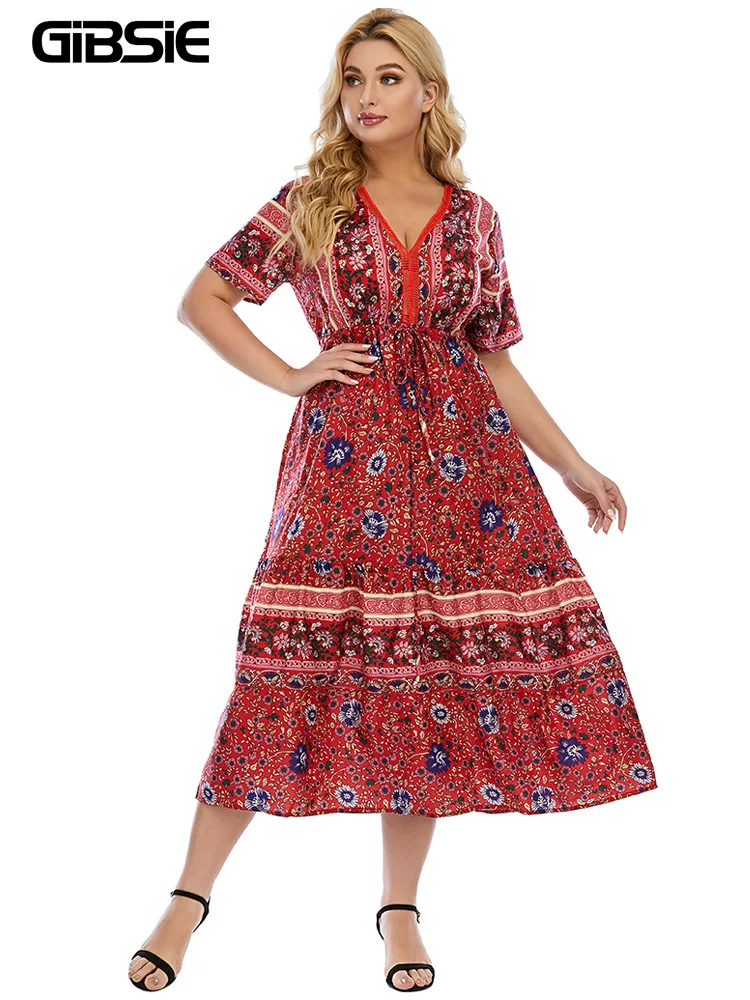 

GIBSIE Plus Size Floral Print Bohemian V Neck Tie A-Line Dress Women Summer Short Sleeve Vacation Boho Beach Long Dresses 2022