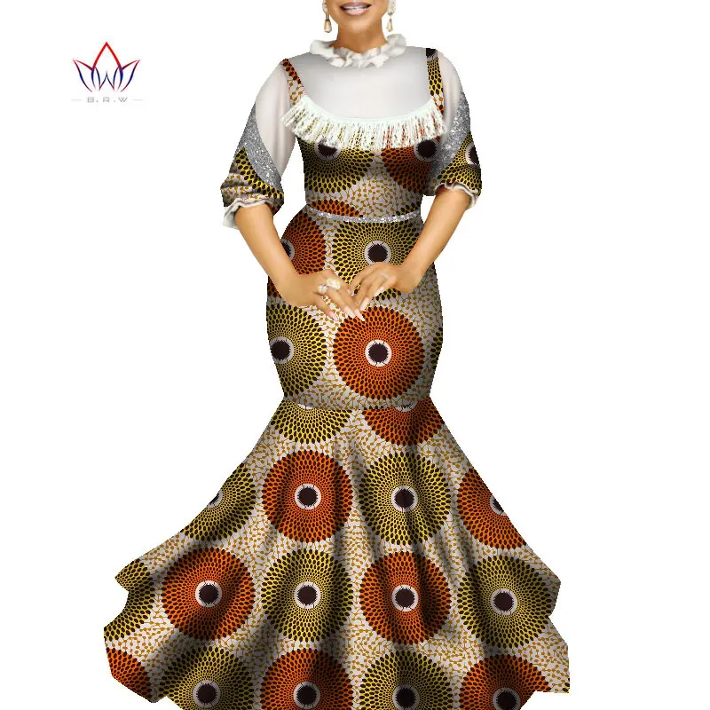 2021 New African Ankara Dresses For Women Bazin Riche Lantern Sleeve Gowns Dashiki Vestdio Vintage Lolita Party Outfits WY9047