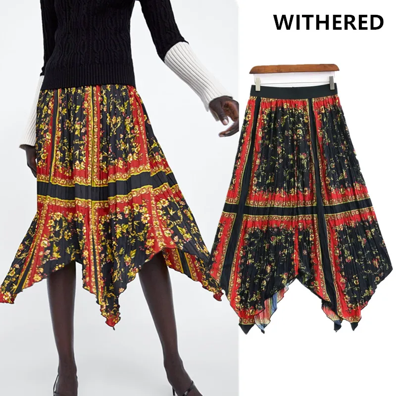 

Dave&Di skirt women harajuku Pin-tuck pleated Irregularity Court print elastic waist loose skirts faldas mujer moda 2 pieces set