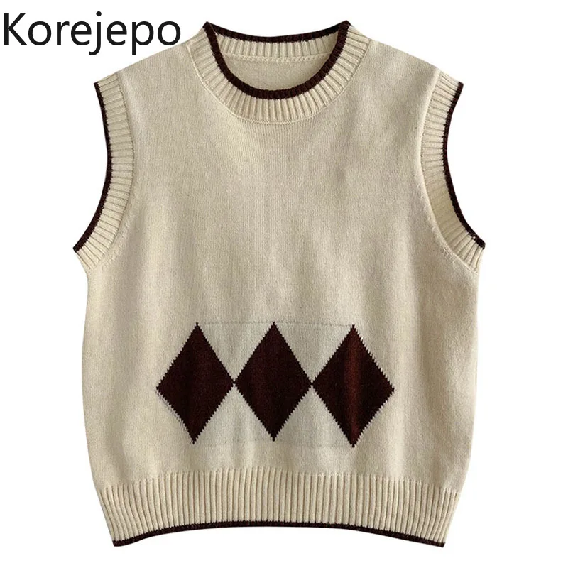 

Korejepo Sweater Vest Women's Retro 2021 Autumn New Design Diamond Versatile Sleeveless Vintage O-Neck Argyle Top Fashion