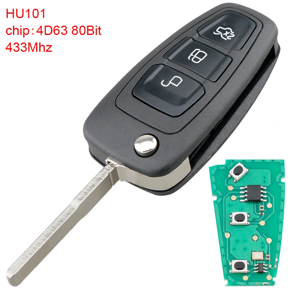 

433Mhz 3 Buttons Flip Keyless Entry Fob with 4D63 80Bit Chip and HU101 Blade for Ford Mondeo Focus Fiesta Titanium 2011 2012