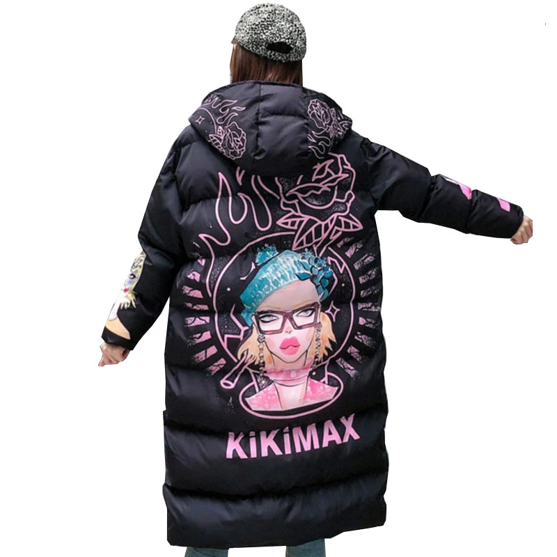 Black QING MO черные белые розовые женские парки с капюшоном женские красивые куртки с напечатанным рисунком зимнее плотное теплое хлопковое Стеганое пальто ZQY2355 - Цвет: Black