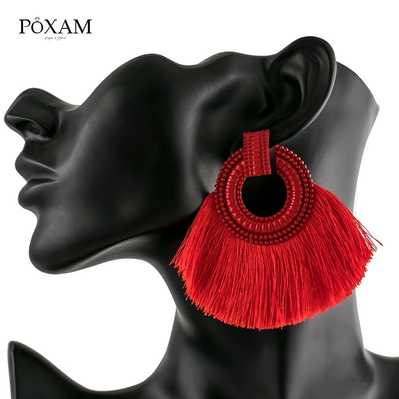 Type 25 POXAM, модные серьги с большими кисточками для женщин, красные, синие, желтые шелковые ткани, длинные висячие серьги с бахромой, Boho, свадебные массивные украшения - Окраска металла: Type 25