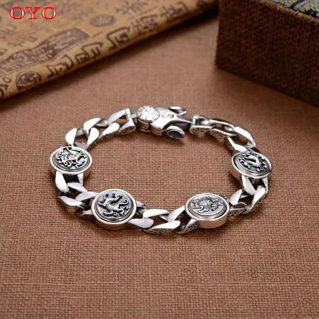 

Punk style rough sterling silver four sacred beasts blue dragon and white tiger bracelet Thai silver fashion jewelry domineering