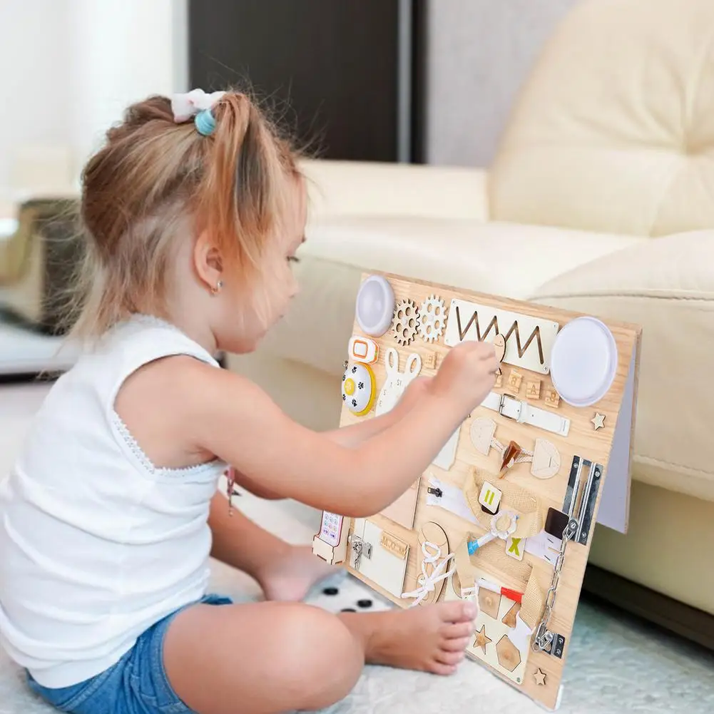 Tablero de madera Montessori para aprendizaje, tablero de madera de colores, bloqueo de hebilla, habilidades b&aacute;sicas para la vida, decoraci&oacute;n del hogar-2