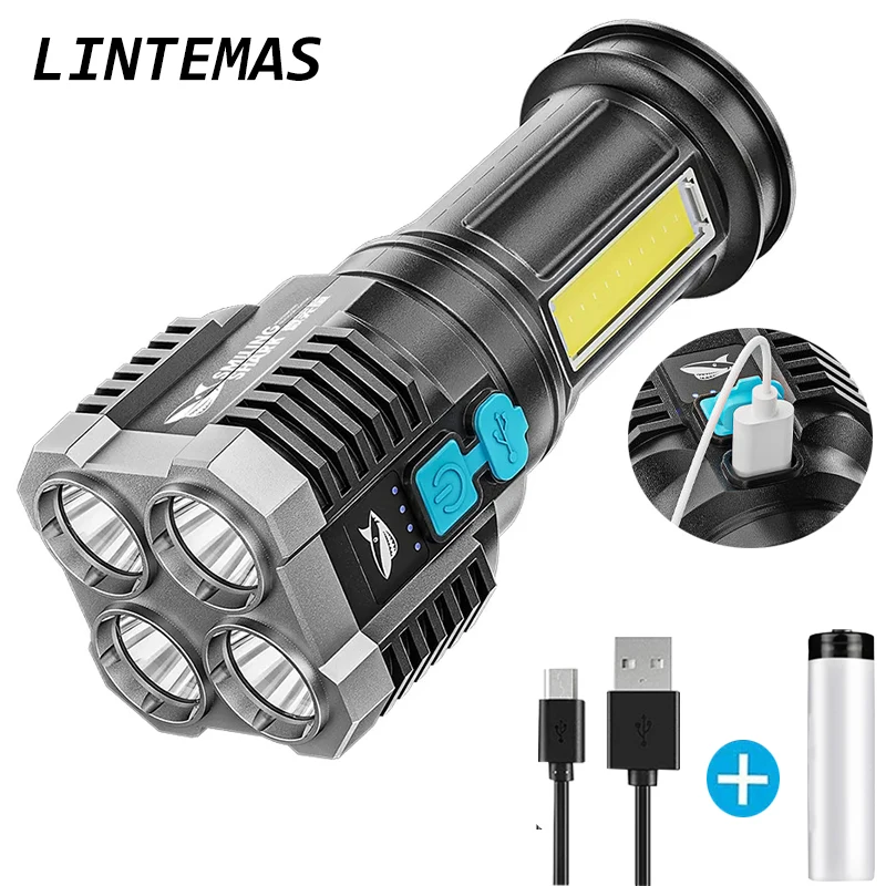 Мощный перезаряжаемый через USB фонарик 4 светодиодных лампы с босветильник