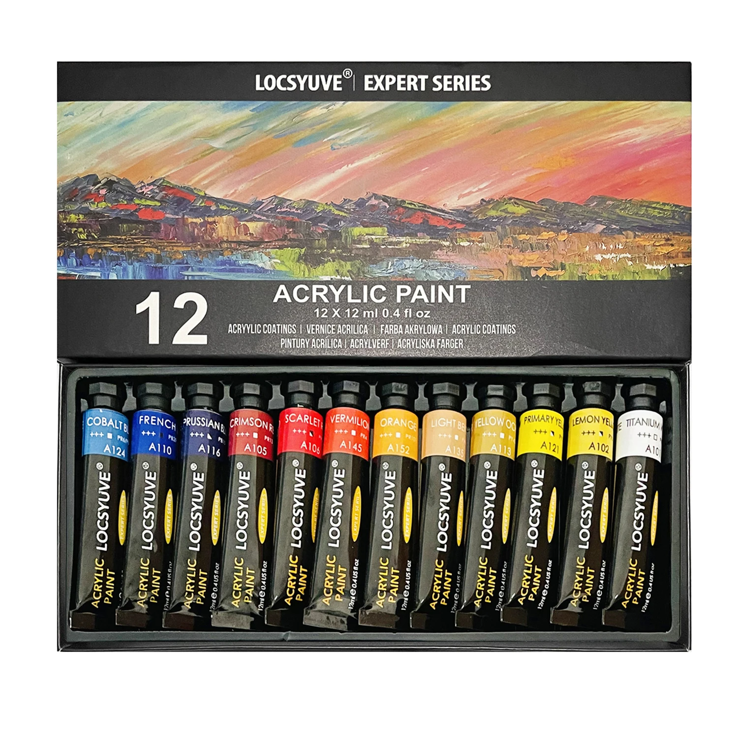 

Locsyuve Acrylic Paint Set of 12 Colors Tubes (12 ml/0.4 oz.) Non toxic & Rich Pigments Acrylic Paint Kits for Beginners
